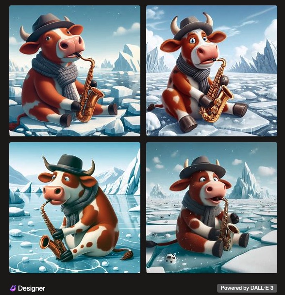 Fig 9. A cow playing saxophone on ice. Images were generated DALL·E 3.
